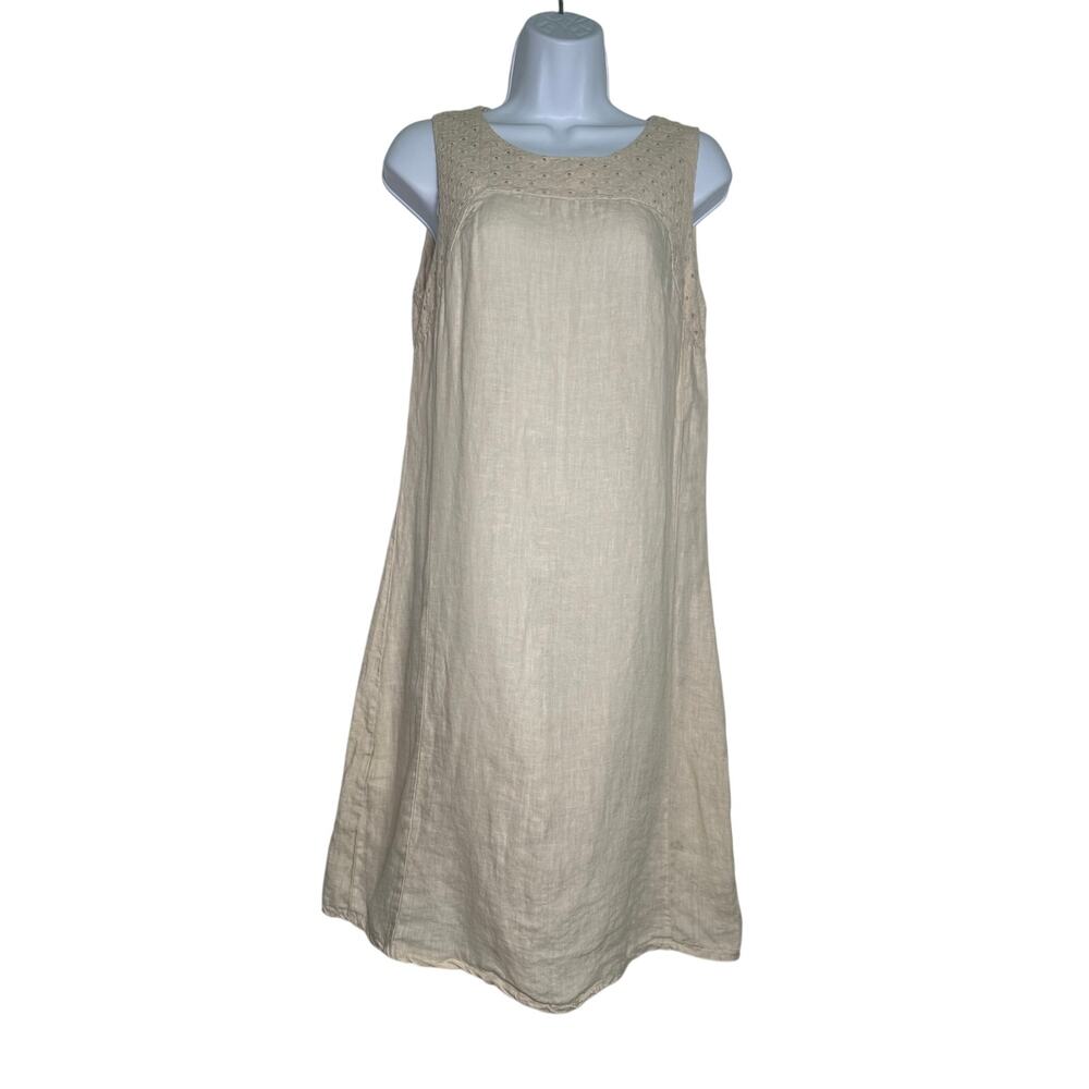 Piazza Del Tempio LINEN Dress Size SMALL Tan Eyelet Trim Sleeveless A Line